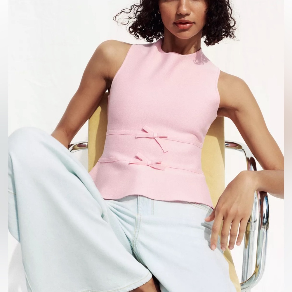 Zara Pink Sleeveless Peplum Top with Bow Details